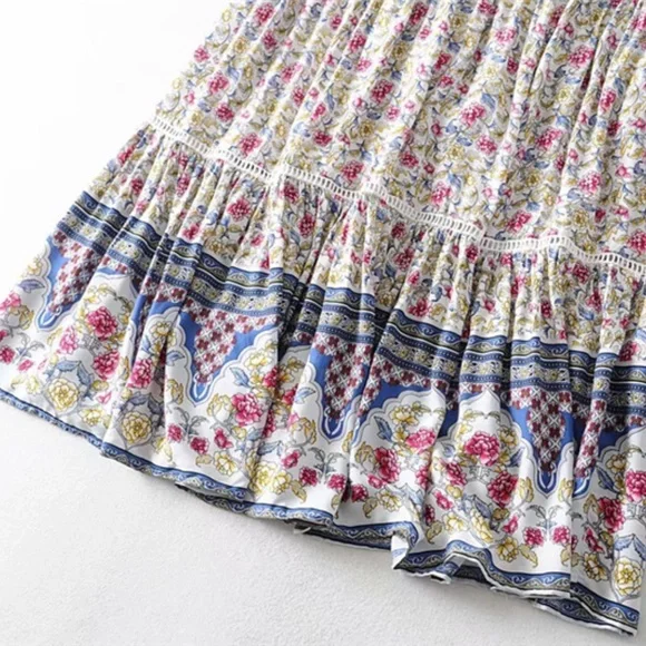 013 Boho Blue Floral Print Ruffle Maxi Skirt Gypsy - Picture 8 of 11